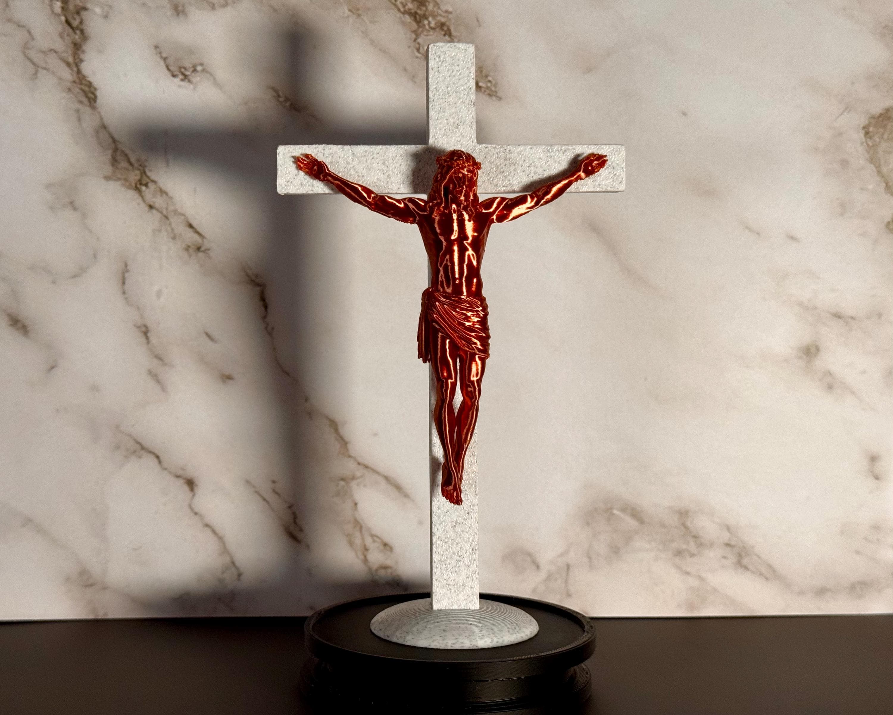 Marble Like Crucifix Statue with Copper Like Jesus – 6" Desktop Religious Sculpture
