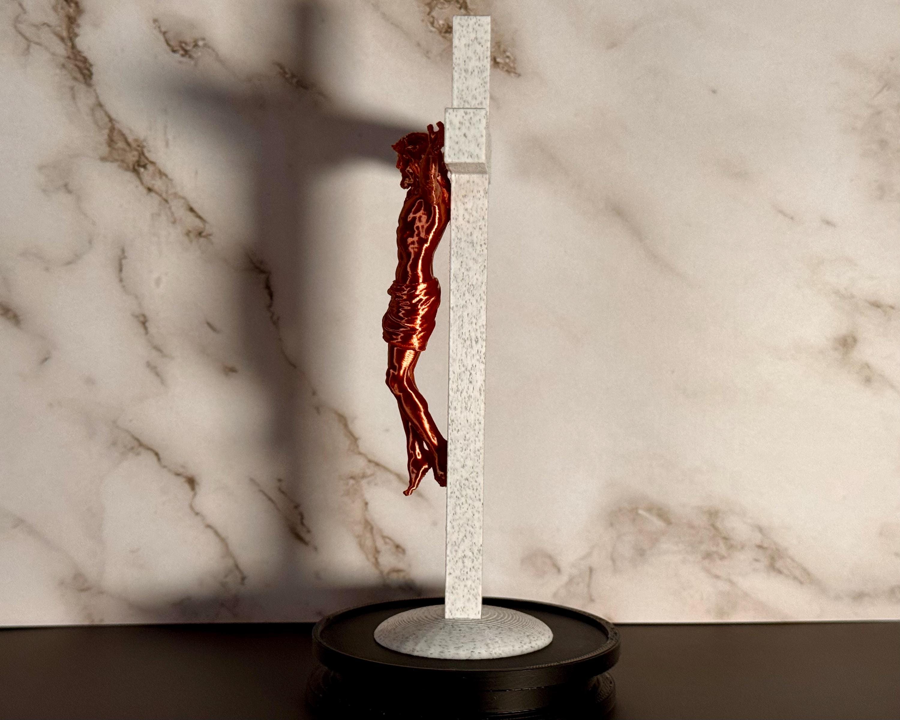 Marble Like Crucifix Statue with Copper Like Jesus – 6" Desktop Religious Sculpture